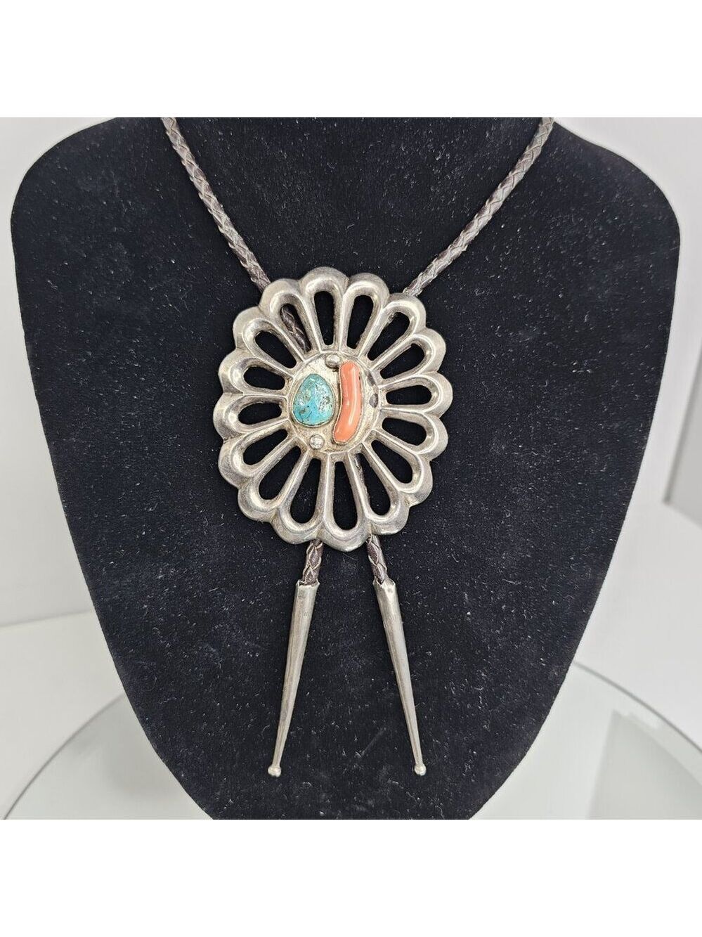 Navajo Turquoise Coral Sterling Silver Casted BOLO Tie Native American LARGE